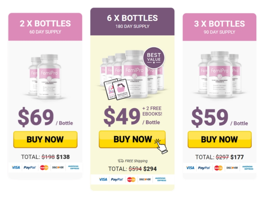 Special offer discount on FemiPro formula with savings on multi-bottle purchase